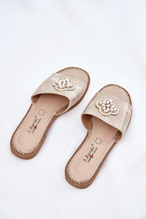 Klapki Damskie Na Płaskim Obcasie Z Ozdobnym Detalem S.Barski KV51-087 Złote