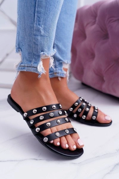 Czarne Damskie Klapki z Dżetami Kryształy Fergo