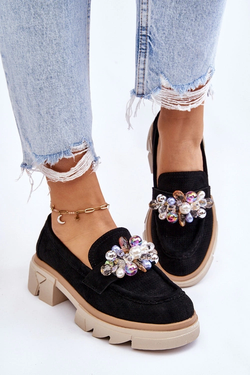 Damskie Półbuty Mokasyny Z Ozdobami Czarne Issac