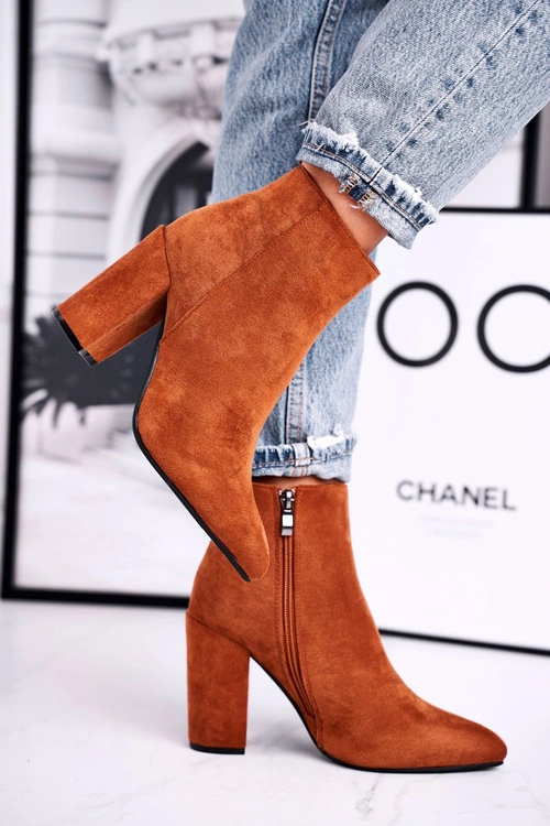 Botki Damskie na Słupku Zamszowe Camel Sharks