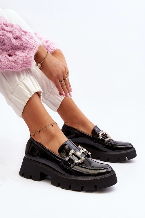 Damskie Lakierowane Mokasyny Z Ozdobą Czarne Arsaba