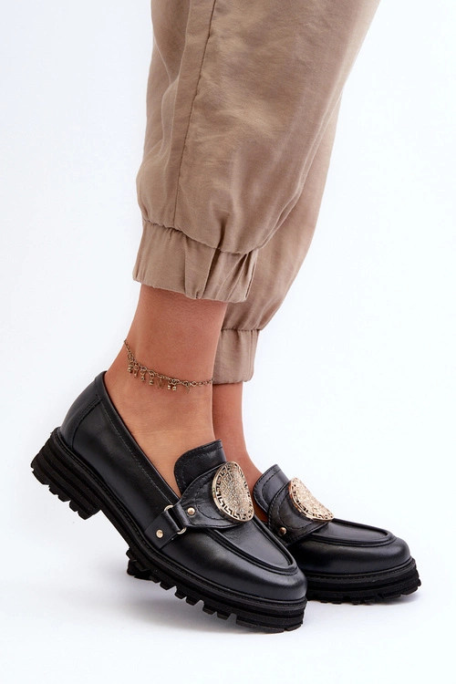 Zazoo 3485 Mokasyny Damskie Ze Złotą Ozdobą Skóra Naturalna