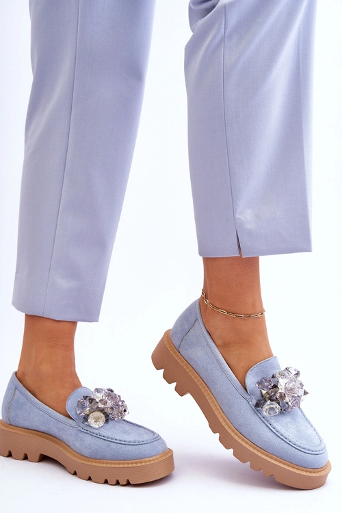 Modne Zamszowe Mokasyny Z Kryształkami Niebieskie Demeris