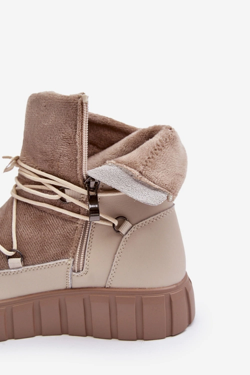 Skórzane Śniegowce Botki Na Platformie Beżowe Maxava