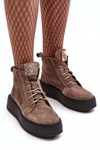 Sznurowane Botki Damskie Z Ozdobą Skórzane Ciemnobeżowe Nicole 2833