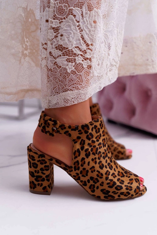 Sandały Damskie Na Słupku Z Cholewką Peep Toe Leopard Esta