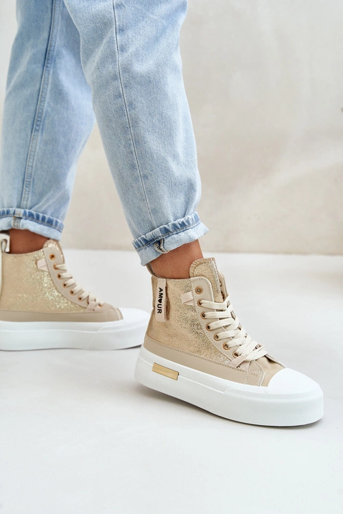 Damskie Wysokie Trampki Na Platformie Beżowo-Złote Averira
