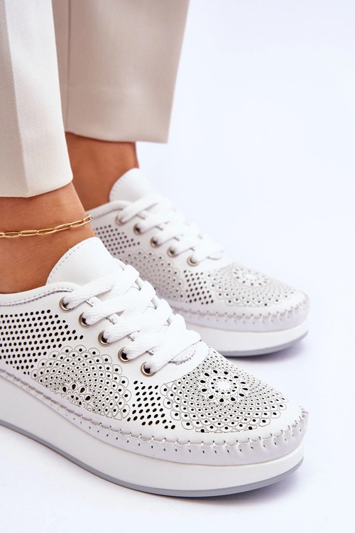 Damskie Skórzane Ażurowe Buty Sportowe Białe Marea