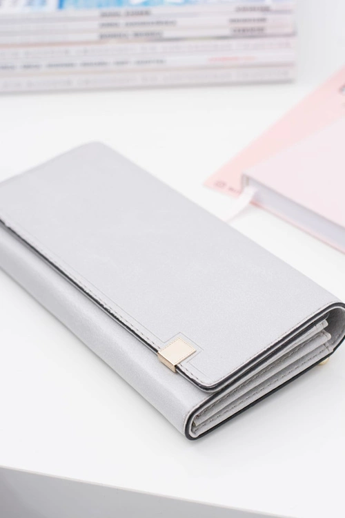 Duży Damski Szary Modny Portfel Złoty Zamek