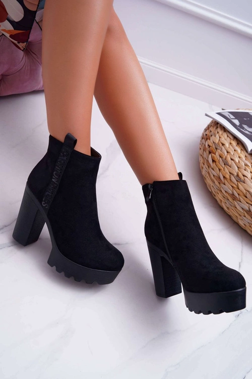 Botki Damskie na Słupku Platforma Zamszowe Czarne Estacado