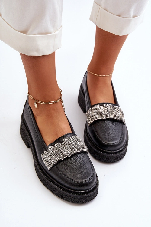 Zazoo 3419 Mokasyny Damskie Skórzane Z Ozdobnym Paseczkiem Czarne