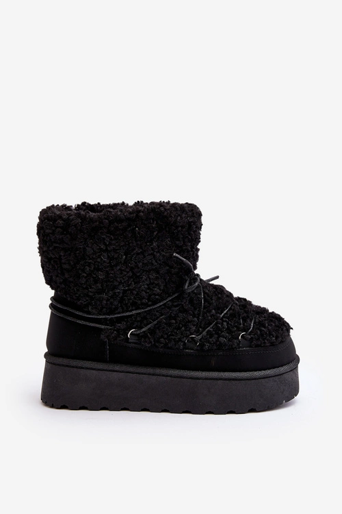 Wiązane Śniegowce Damskie Na Grubej Podeszwie Czarne Loso