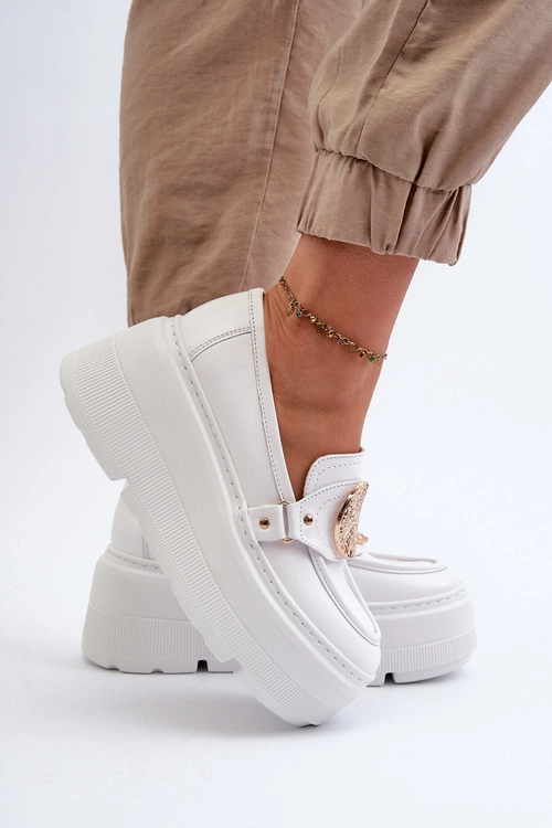 Zazoo 3458 Mokasyny Skórzane Damskie Z Ozdobą Białe