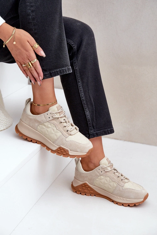 Skórzane Sneakersy Damskie Big Star OO274A315 Hi-Poly System Beżowe