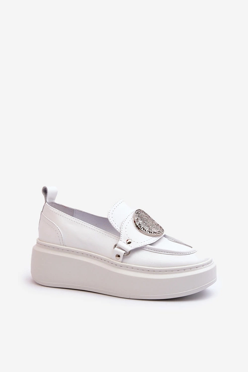 Zazoo 3486 Mokasyny Damskie Skórzane Z Ozdobą Białe