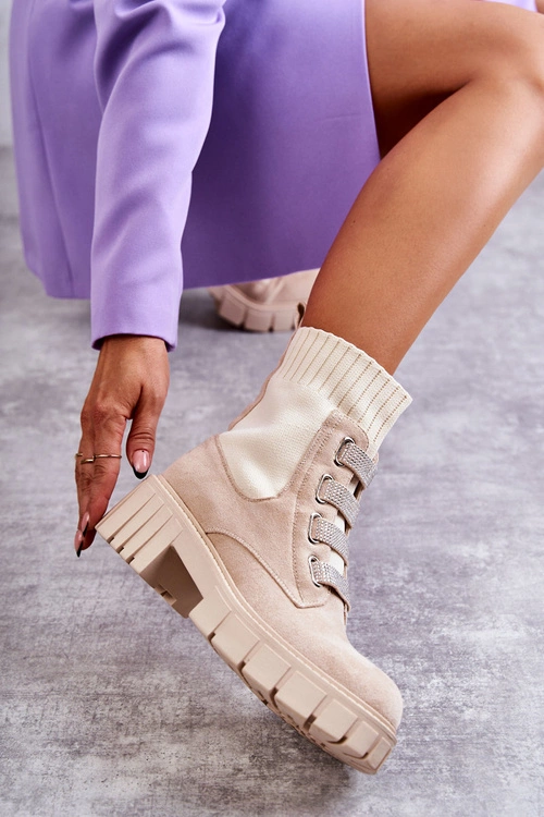 Zamszowe Wsuwane Botki Skarpetkowe Beżowe Hope