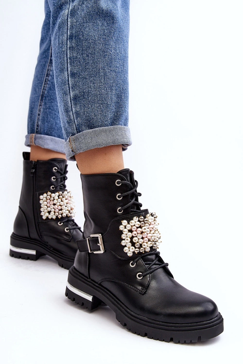 Ocieplane Damskie Workery Botki Zdobione Czarne Venizi