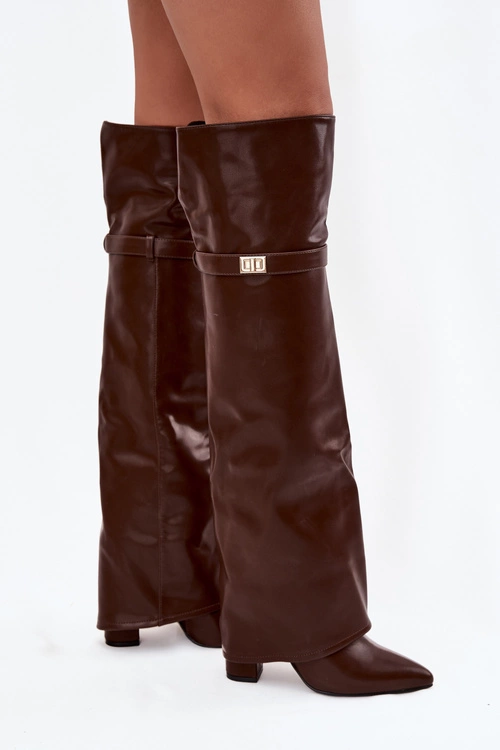 Ocieplane Kozaki Z Wywiniętą Cholewką Za Kolano Obcas Słupek Brązowe Serelle