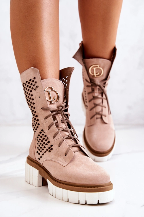 Skórzane Wysokie Botki Workery Nicole Różowe 2706