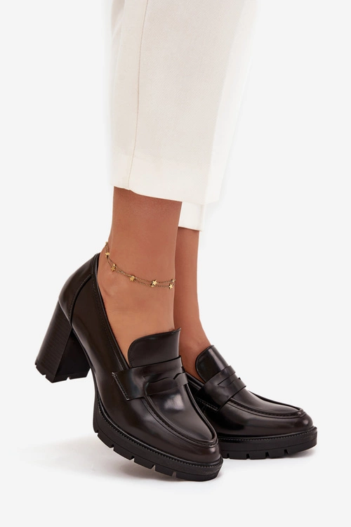 Półbuty Damskie Na Słupku Z Eko Skóry Czekoladowe Ilyssia