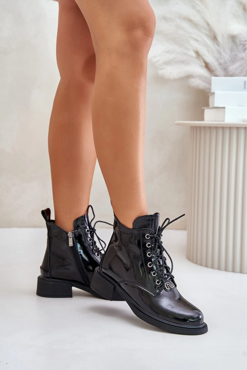 Skórzane Lakierowane Botki Z Ociepleniem Czarne Bellani