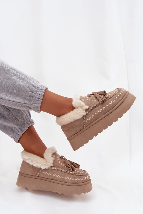 Śniegowce Damskie Na Platformie Z Futerkiem I Frędzlami Beżowe Ferayne