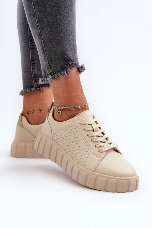 Skórzane Sneakersy Damskie Na Platformie Beżowe Eselmarie