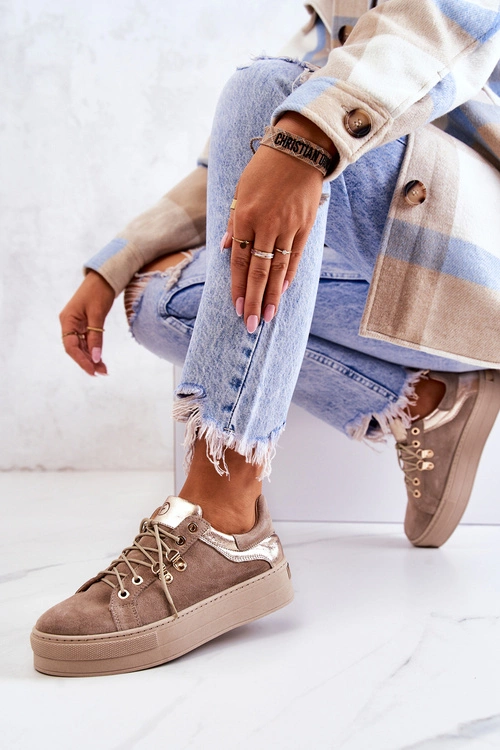 Zamszowe Buty Sportowe Na Platformie Beżowe Mary Ann