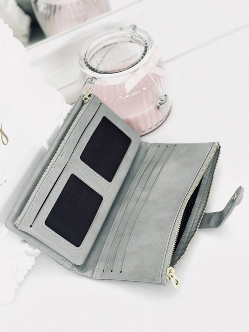 Duży Damski Szary Portfel Złote Okucia