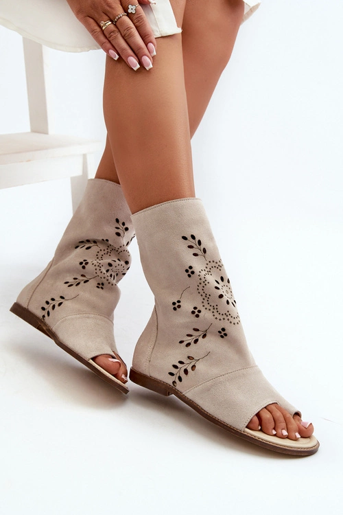 Zazoo 3437 Damskie Zamszowe Sandały Z Cholewką Na Zamek Jasnobeżowe