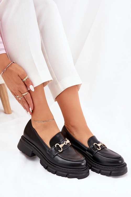 Damskie Mokasyny Ze Złotym Detalem Eko Skórzane Czarne Gemitha