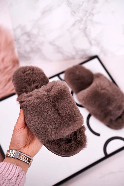 Damskie Klapki Papcie Futrzane Szare Sweet