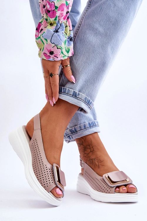 Skórzane Ażurowe Sandały S.Barski BN291 Różowe