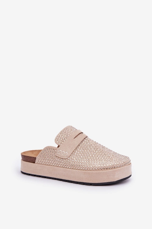 Klapki Damskie Zdobione Cyrkoniami Na Platformie Beżowe Deorani