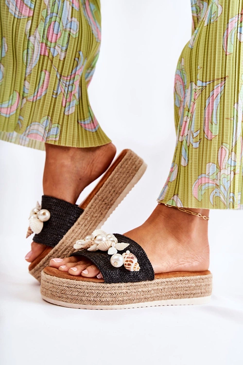 Damskie Klapki Na Platformie Z Muszelkami Czarne Tolia