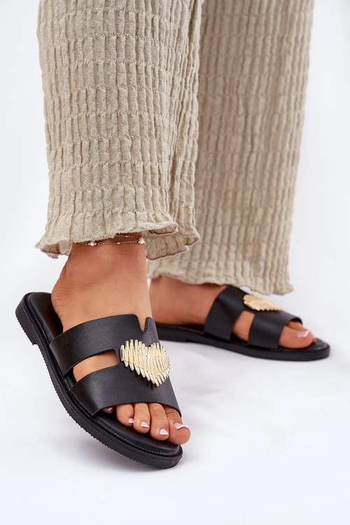 Klapki Damskie Na Płaskim Obcasie Ze Złotą Ozdobą Czarne Karinma