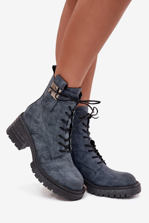 Skórzane Botki Workery Damskie Na Klocku Z Ozdobnym Detalem Artiker 57C0212 Niebieskie