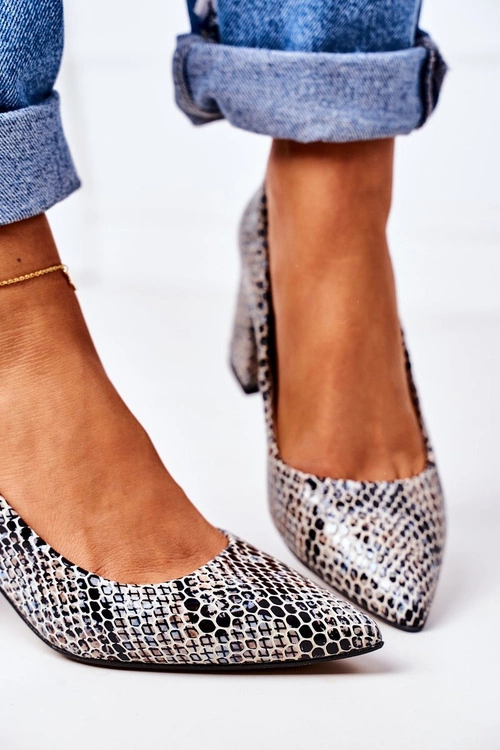 Skórzane Czółenka Ze Zwierzęcym Wzorem Lewski Shoes 2801 Czarno-Niebieskie