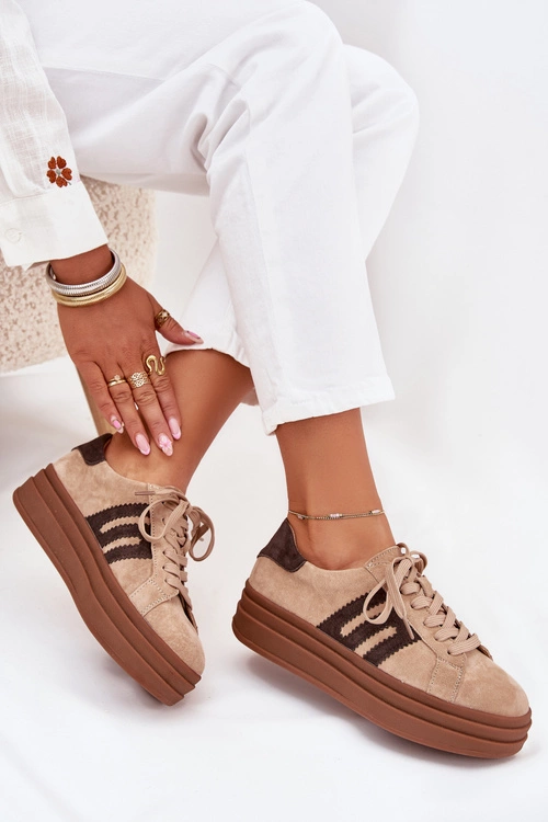 Sneakersy Damskie Na Platformie Z Naturalnego Zamszu Beżowe Eldira