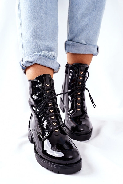 Botki Damskie Workery Lakierowane Czarne Maniana