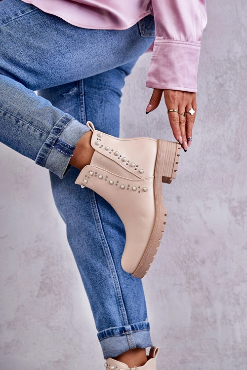 Skórzane Botki Workery Beżowe Ferra