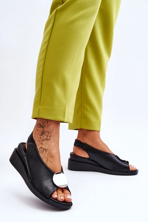 Damskie Skórzane Sandały Na Koturnie Czarne Justice