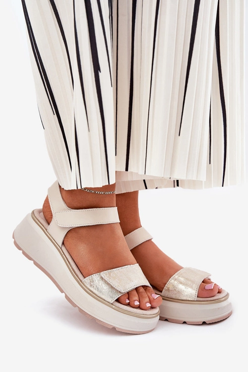 Skórzane Sandały Damskie Platformie I Koturnie Na Rzep S.Barski LR51-543 Złote