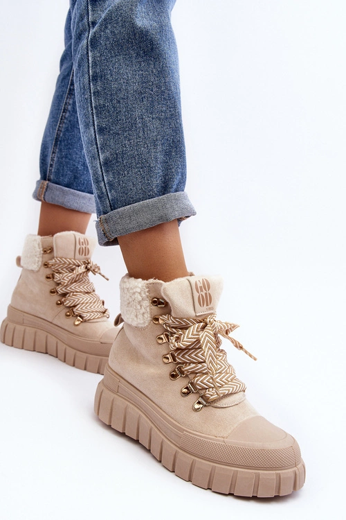 Ocieplane Botki Trapery Na Grubej Podeszwie Jasnobeżowe Ralotta