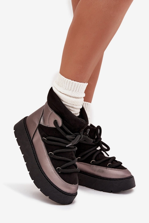 Niskie Śniegowce Damskie Ocieplane Futerkiem Z Grubym Wiązaniem Czarne Xarina