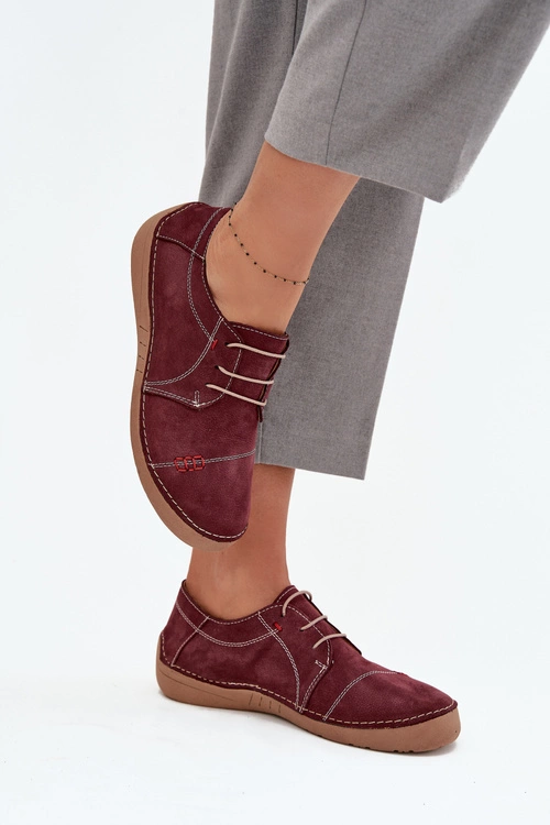 Skórzane Półbuty Damskie Z Przeszyciami Artiker 57C2111 Bordowe