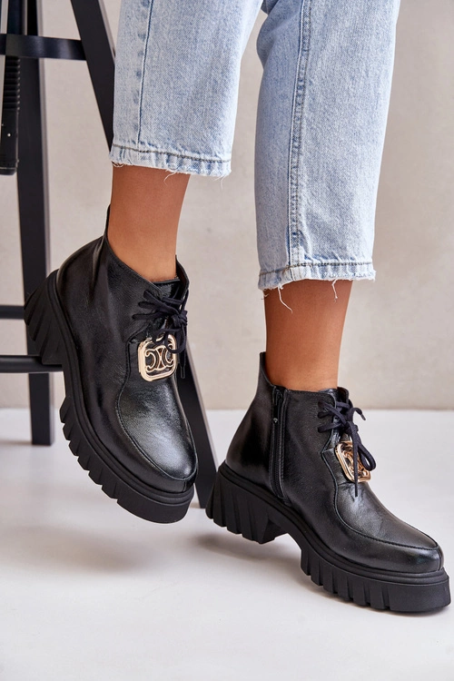 Zazoo 2952 Skórzane Botki Ze Złotą Ozdobą Czarne