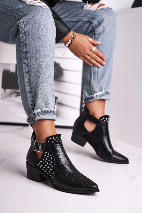 Damskie Botki Na Obcasie Klamra Czarne Rontra