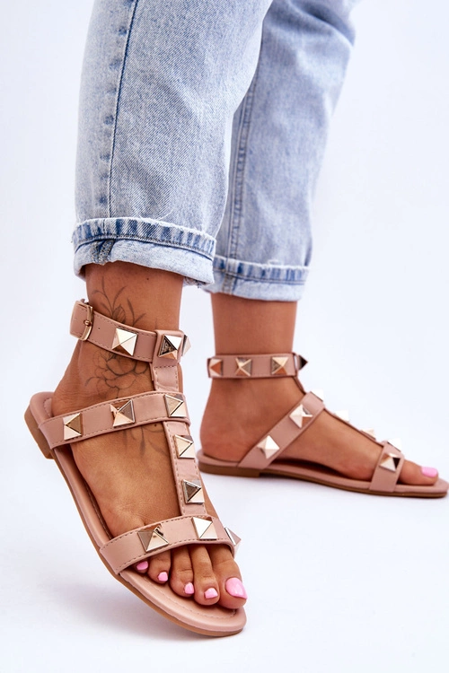 Skórzane Damskie Sandały Z Dużymi Ćwiekami Nude Mishigan