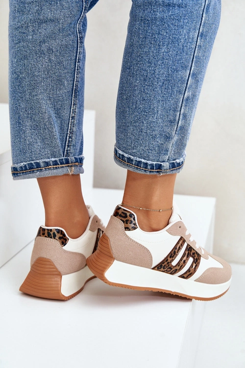 Sneakersy Buty Sportowe Na Platformie Panterka Damskie Beżowe Thari